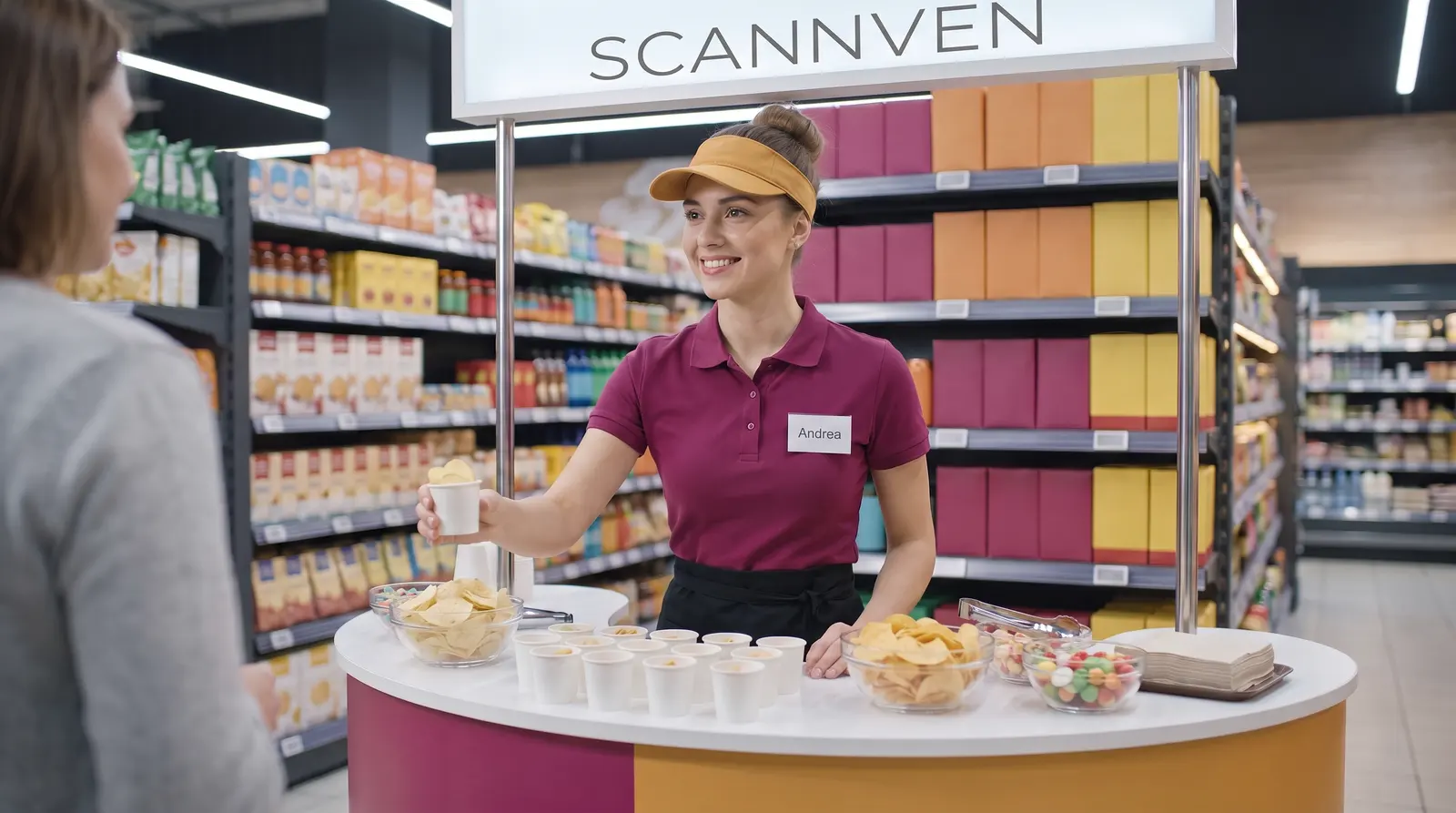 Promotora uniformada ofreciendo una degustación en un supermercado